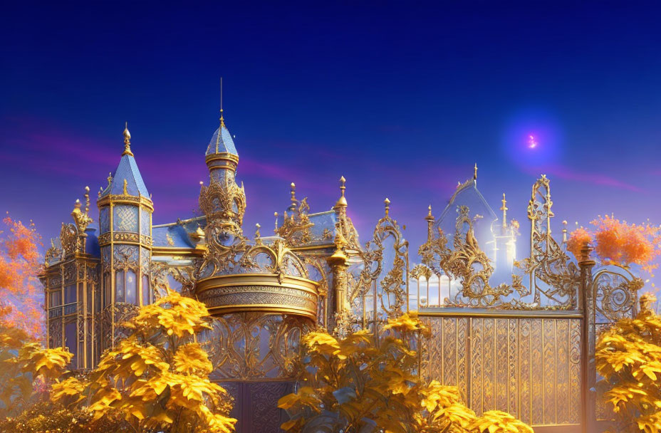 Intricate golden gate and fairy-tale castle in twilight scenery