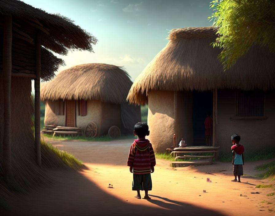 Thatched-roof village scene with children under sunlight