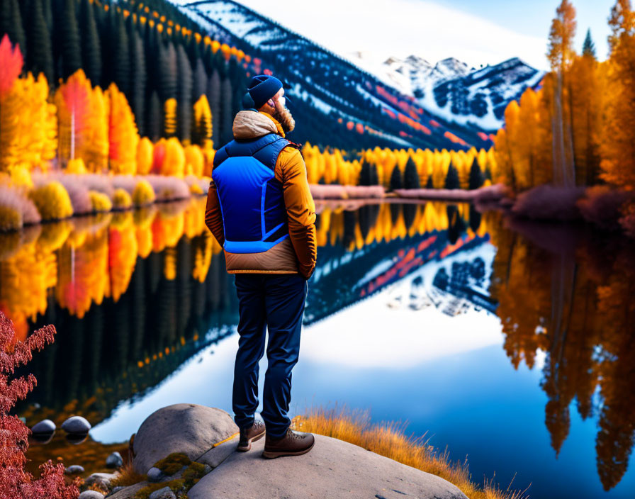 Person in blue and orange jacket admiring autumn lake with snow-capped mountains