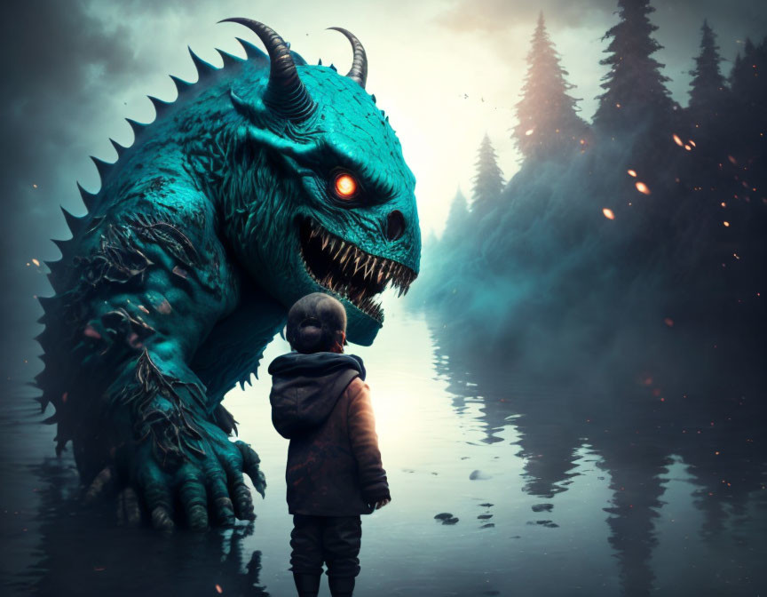 Child facing horned blue monster in misty forest landscape.