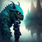 Child facing horned blue monster in misty forest landscape.