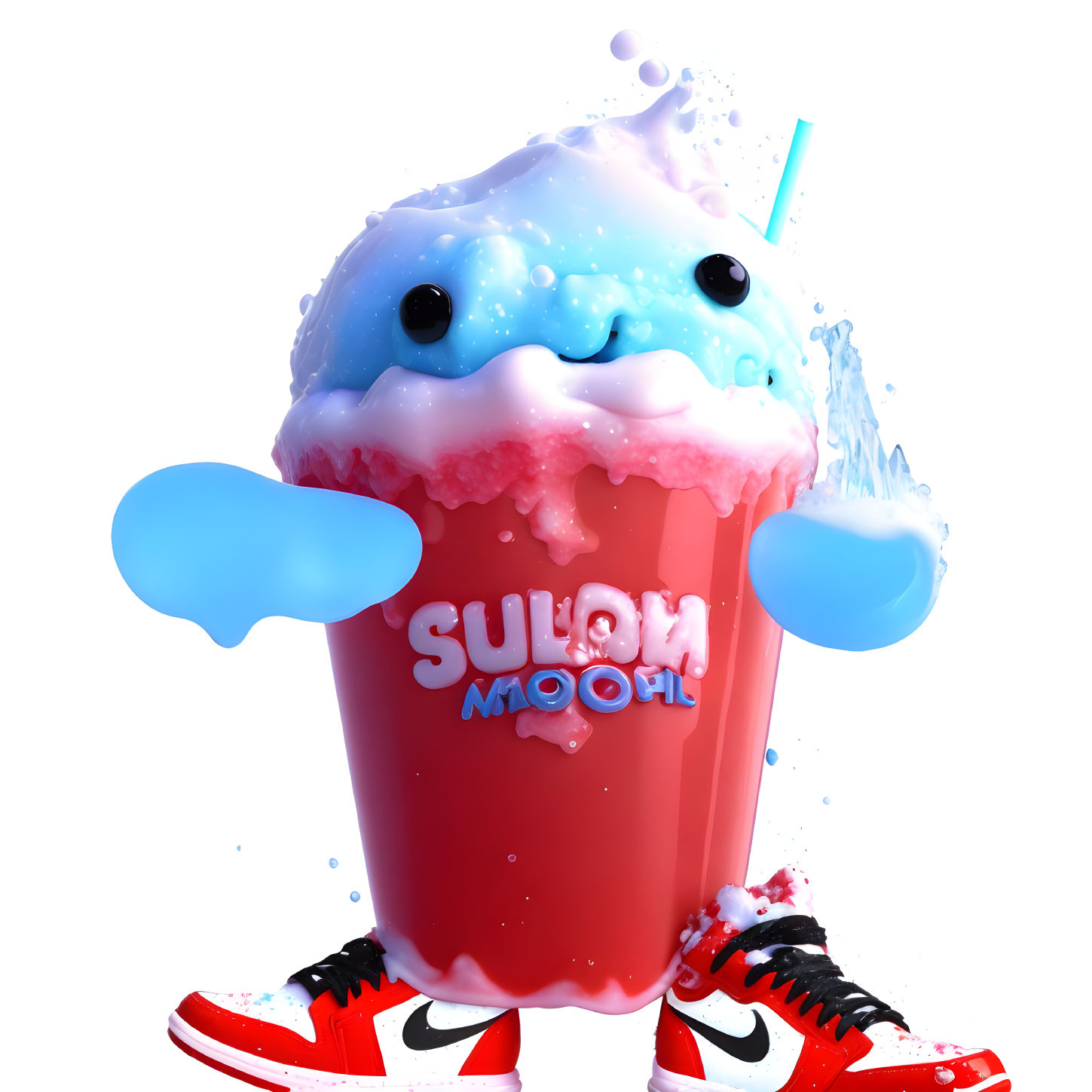 Red anthropomorphic slushie with blue wings and sneakers on white background