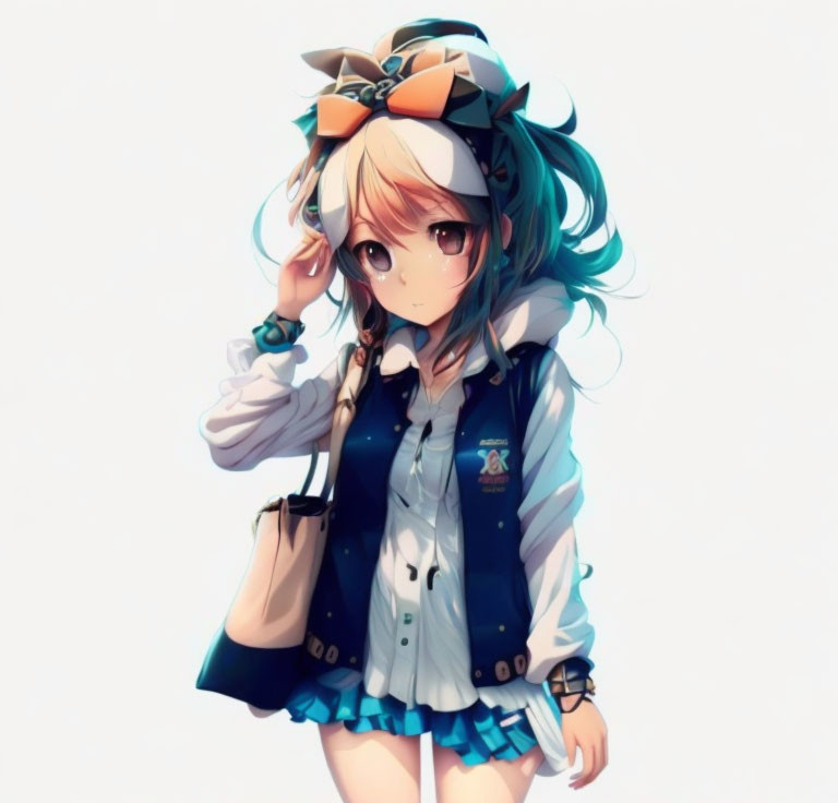 Blue Ombre Hair Anime Girl in White Shirt and Bow, Blue Vest, and Pleated Sk