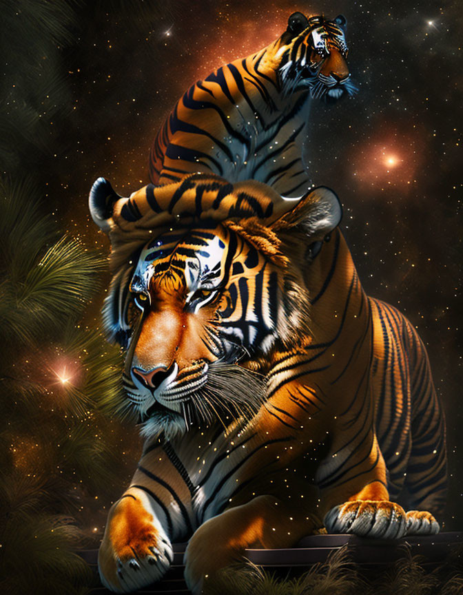 Two tigers in cosmic setting with pine branches.