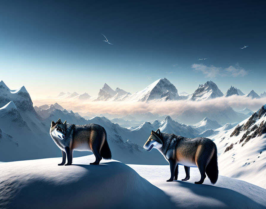 Foxes on snowy ridge with mountain peaks and blue sky