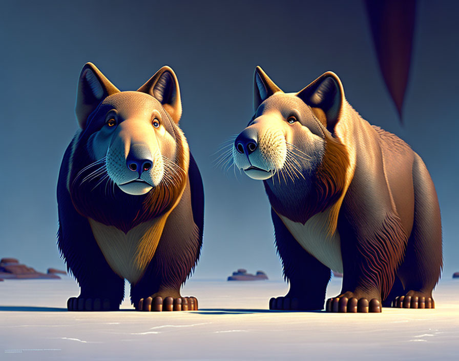 Stylized anthropomorphic bear characters in surreal landscape