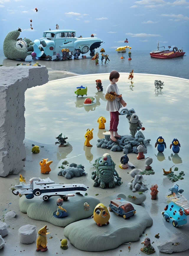 Child on Dock Surrounded by Playful Creatures and Classic Car on Water