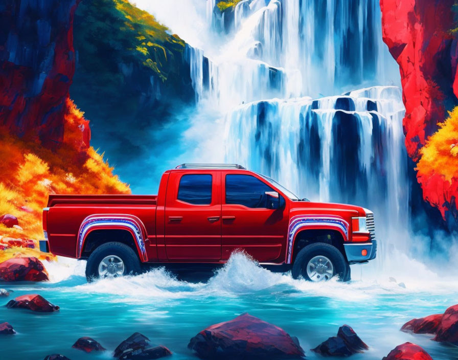 Vivid waterfall and autumn foliage with red pickup truck crossing water