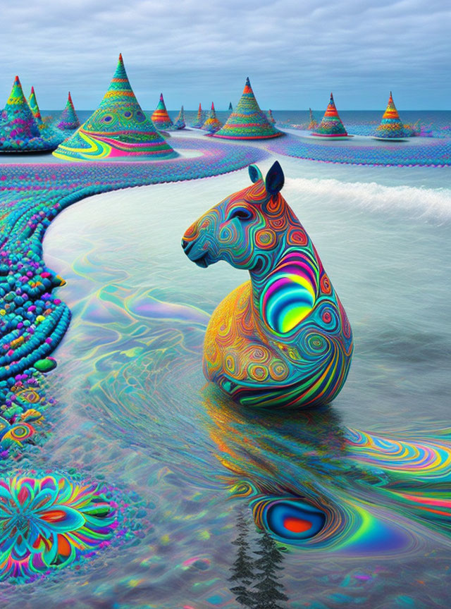 Colorful psychedelic horse-like figure near vibrant water body with conical shapes