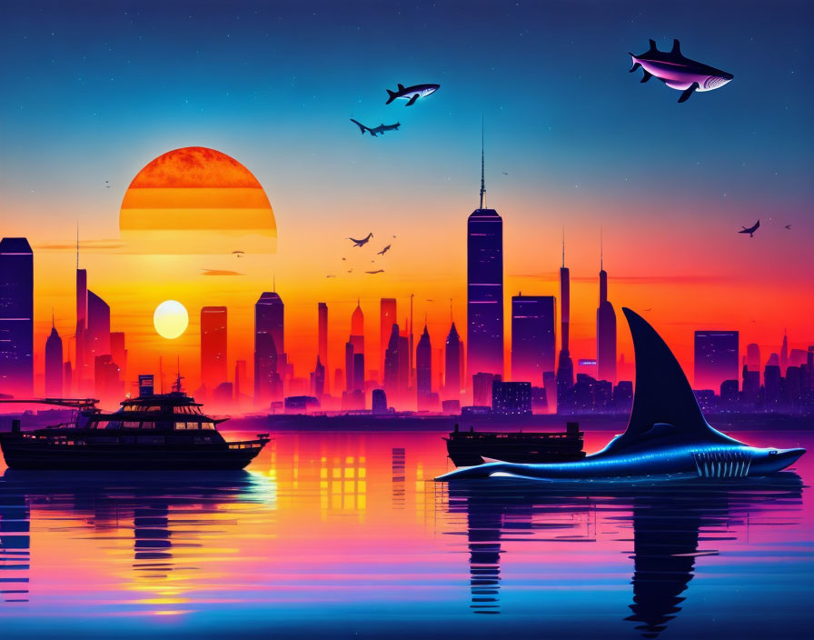 Futuristic city skyline at sunset with flying cars, boats, and shark-like structure