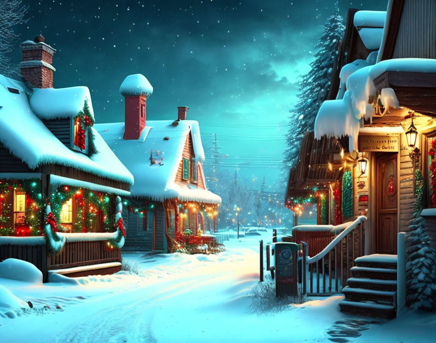 Snowy Village Scene with Decorated Houses and Falling Snowflakes