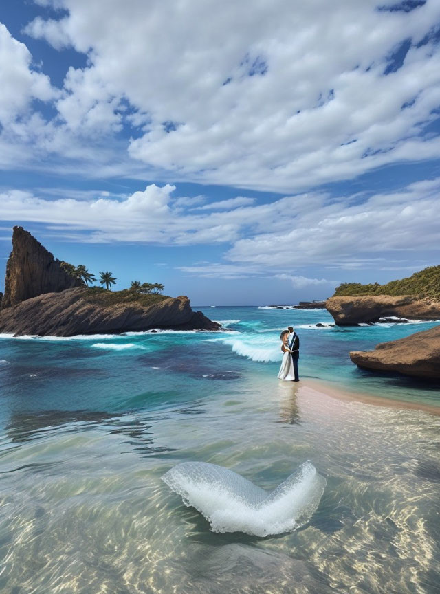 Wedding couple embraces on picturesque beach with turquoise waters