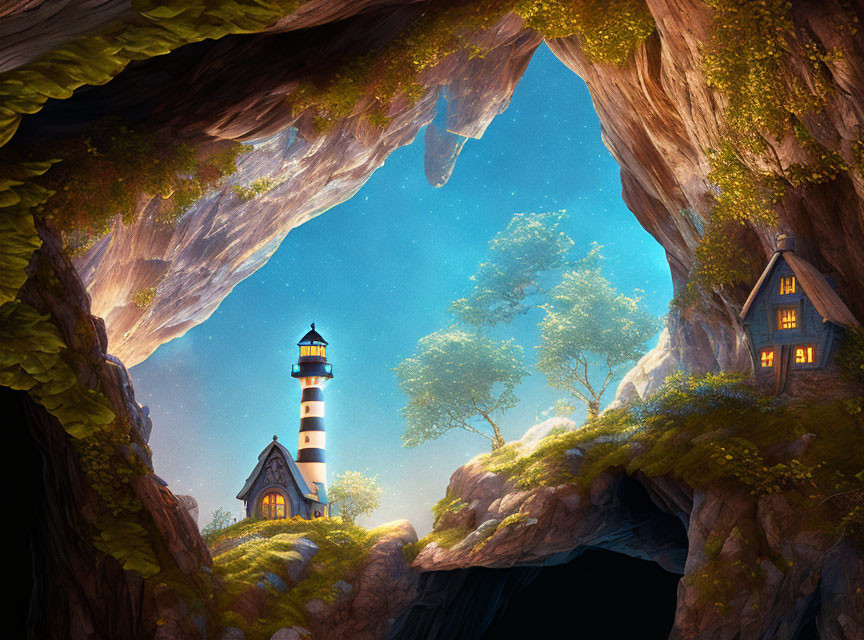 Cave opening with starry sky, lighthouse, cottage, trees, grassy terrain