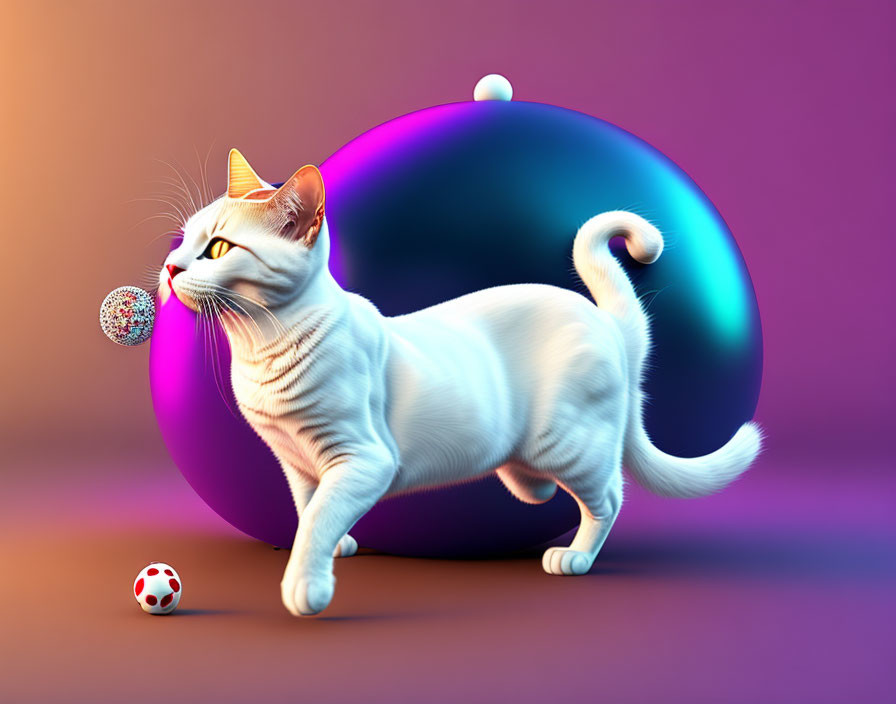 White Cat Wearing Golden Sunglasses Next to Purple and Blue Sphere