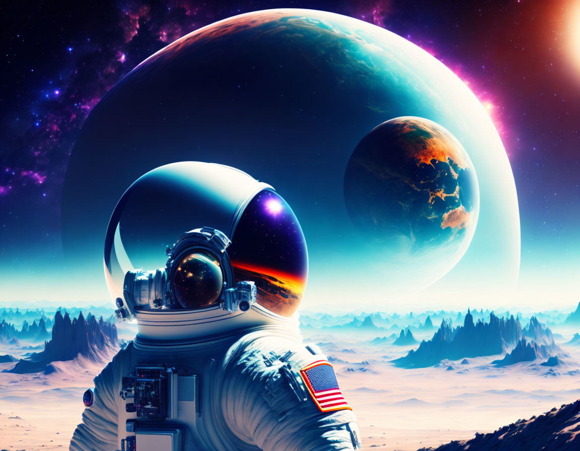 Astronaut on surreal alien landscape with colorful skies and massive planets