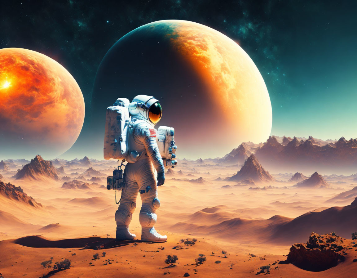 Astronaut on rocky alien landscape with large planets in sky