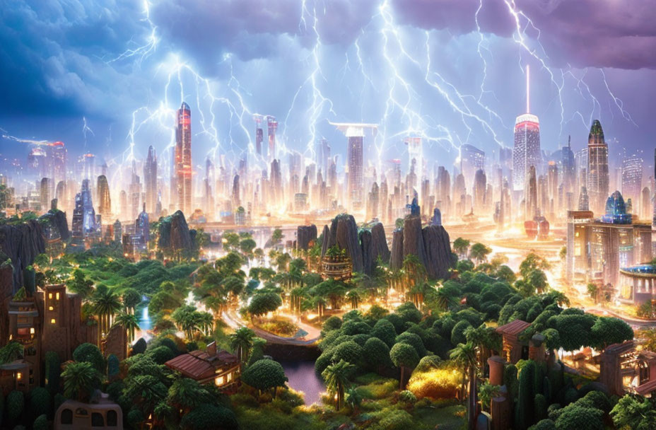 Futuristic cityscape with high-rise buildings and stormy sky