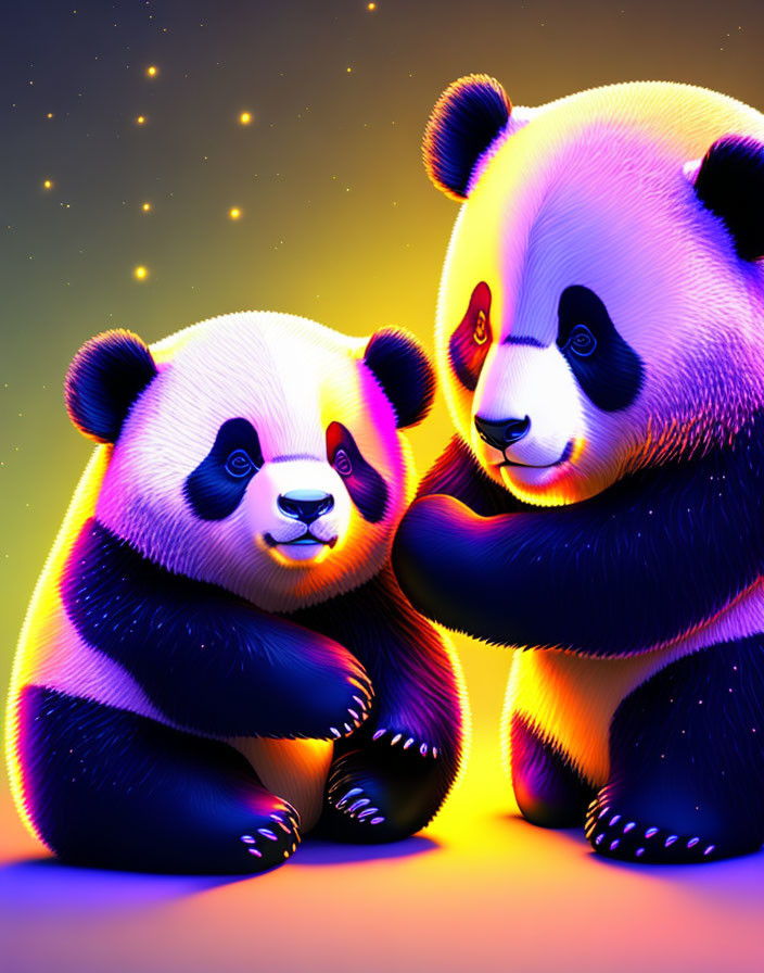 Cartoon pandas with glow effect on twilight background