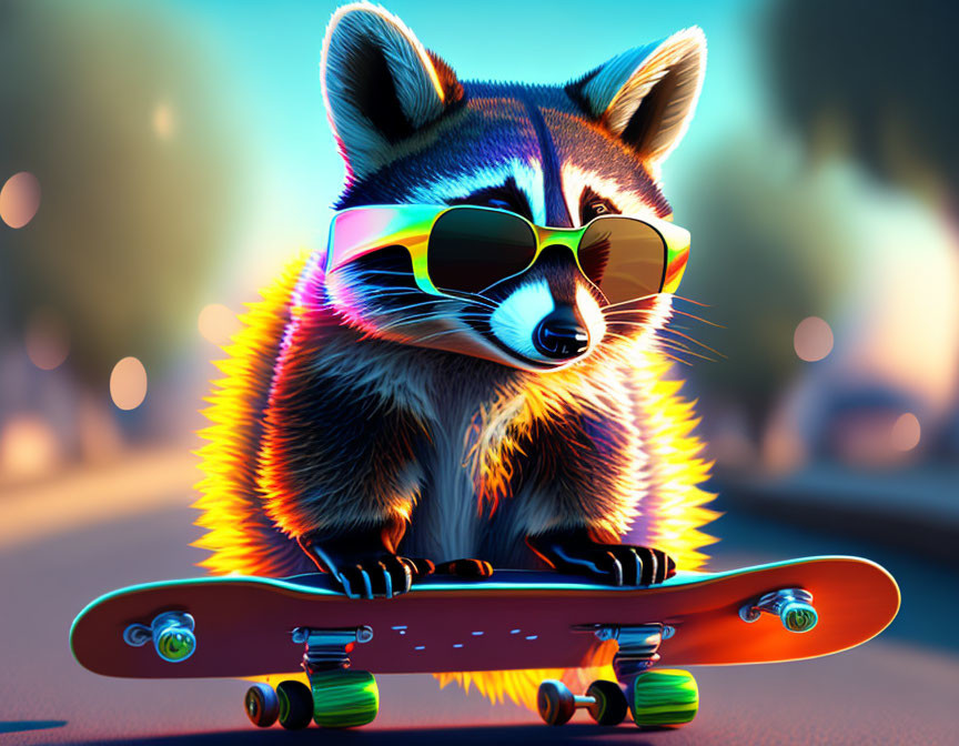 Stylized illustration of raccoon on skateboard at dusk