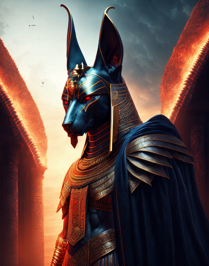 Anthropomorphic Anubis in Egyptian armor against ancient pillars