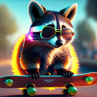 Stylized illustration of raccoon on skateboard at dusk