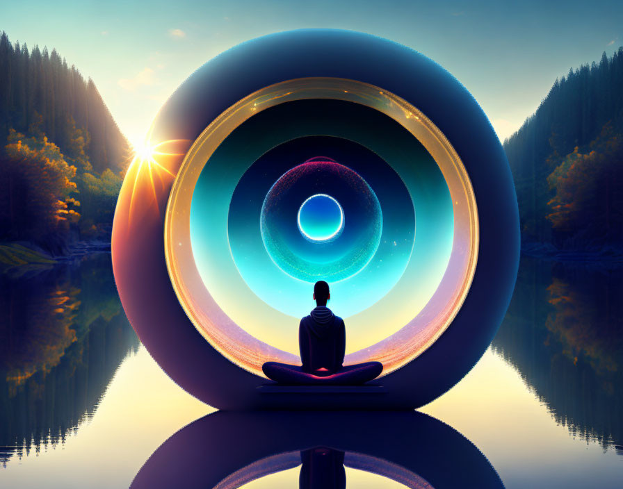 Meditating Person by Surreal Circular Portal at Sunrise