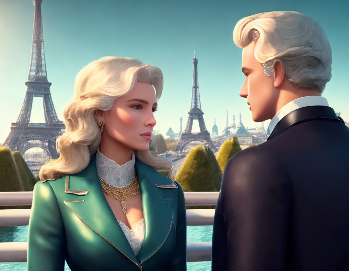 Animated man and woman in formal attire with Eiffel Tower backdrop in romantic scene