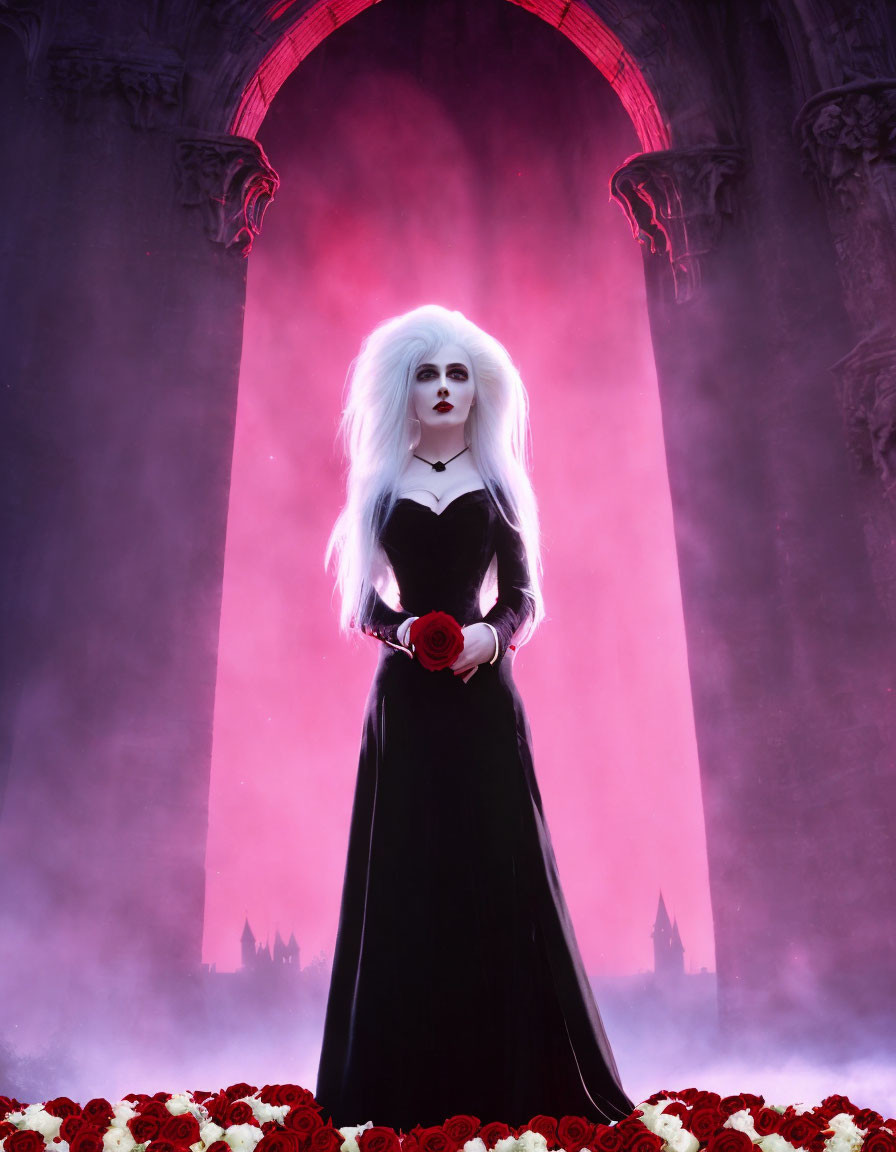 Gothic figure with white hair holding a rose in misty red-lit setting