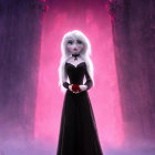 Gothic figure with white hair holding a rose in misty red-lit setting