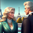 Animated man and woman in formal attire with Eiffel Tower backdrop in romantic scene