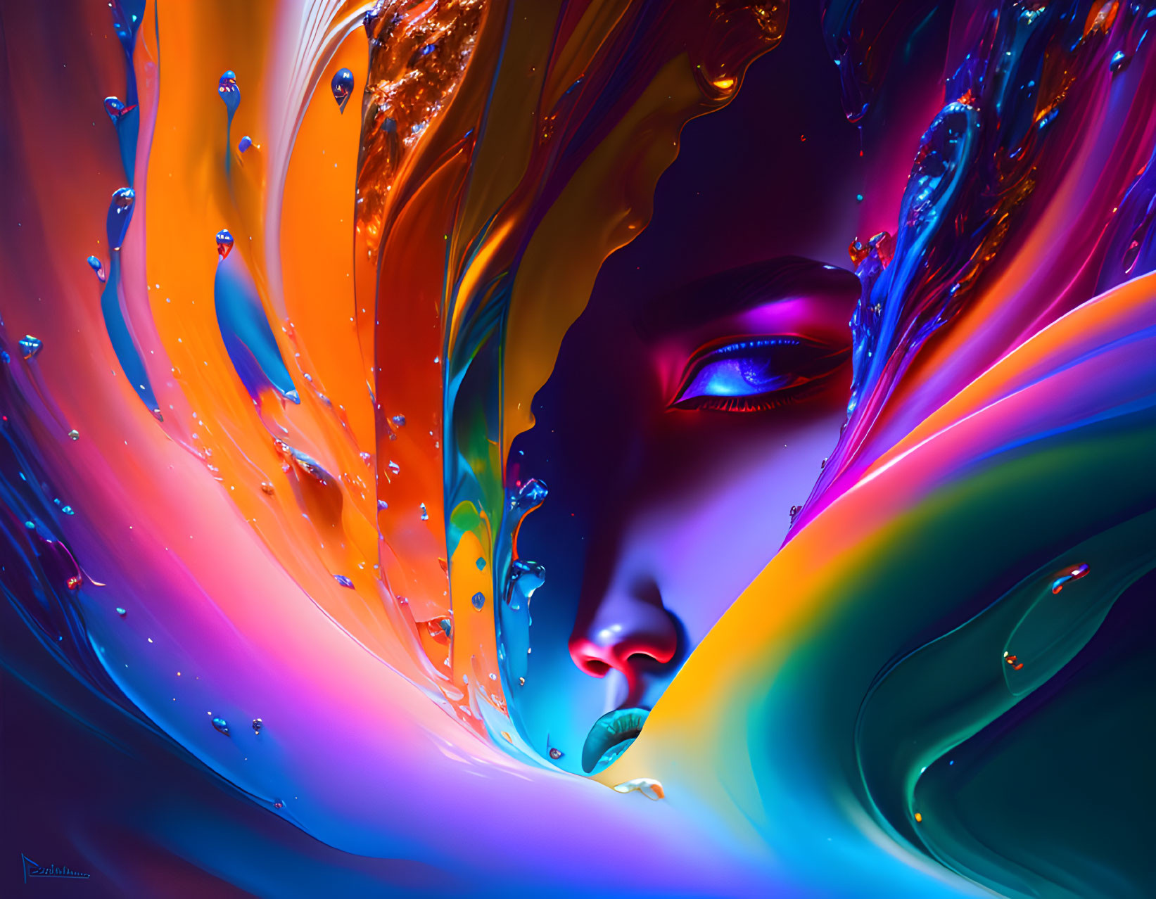 Colorful digital artwork: Woman's face merged with dynamic, iridescent waves