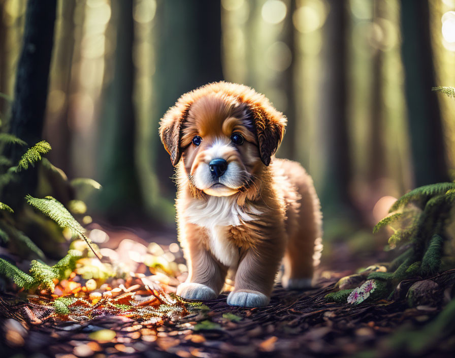 Brown and White Fluffy Puppy in Forest Setting