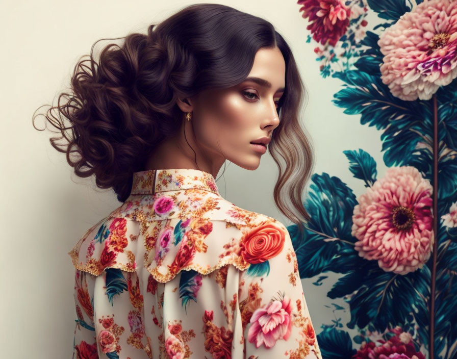 Woman with Voluminous Curly Hair in Floral Dress and Background