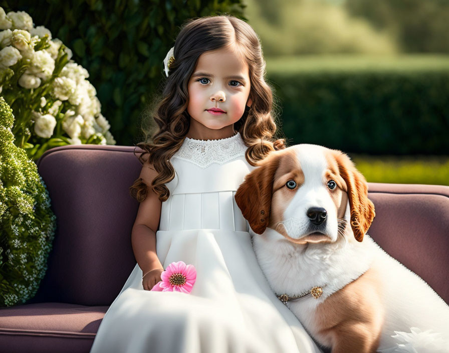 Young girl in white dress with pink flower sitting with brown and white dog on couch surrounded by greenery