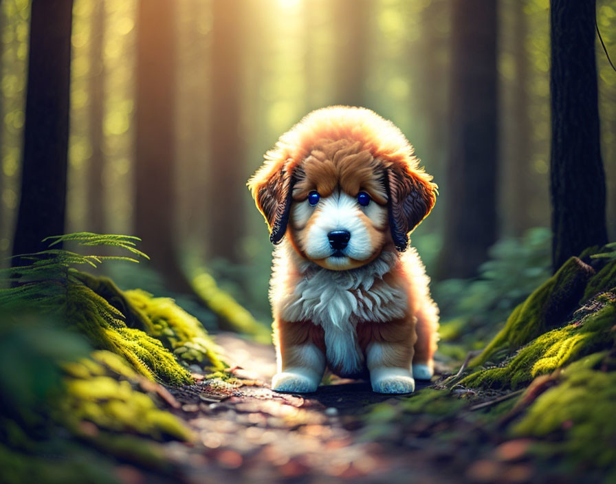 Brown and White Puppy Sitting on Forest Path in Sunlight