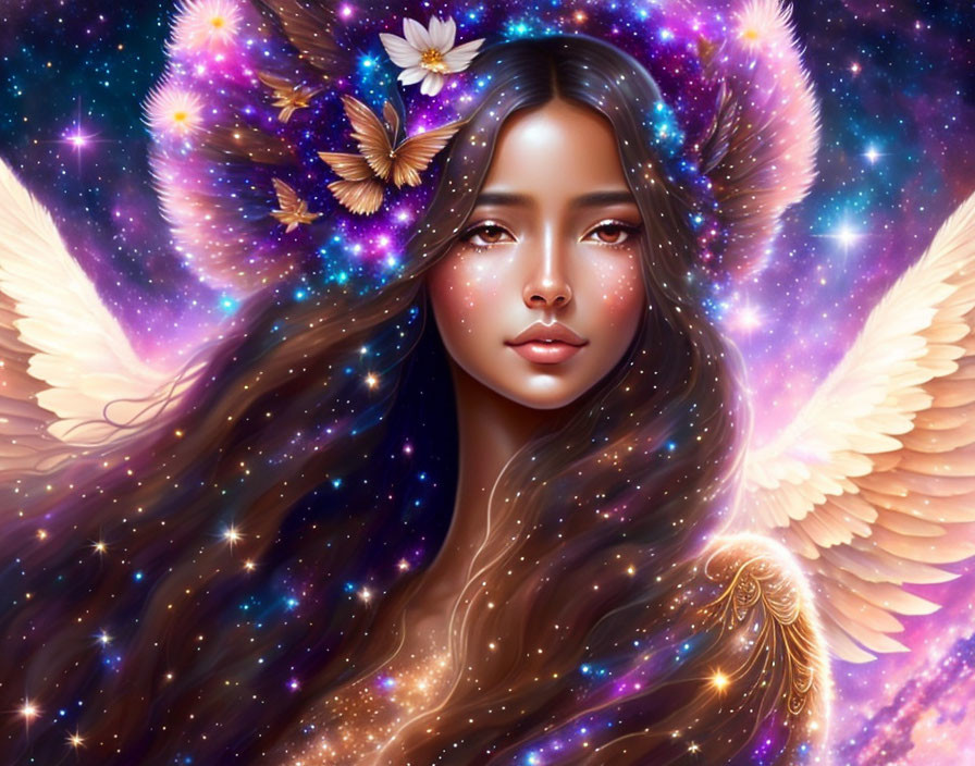 Fantastical digital painting of woman with angel wings and cosmic halo