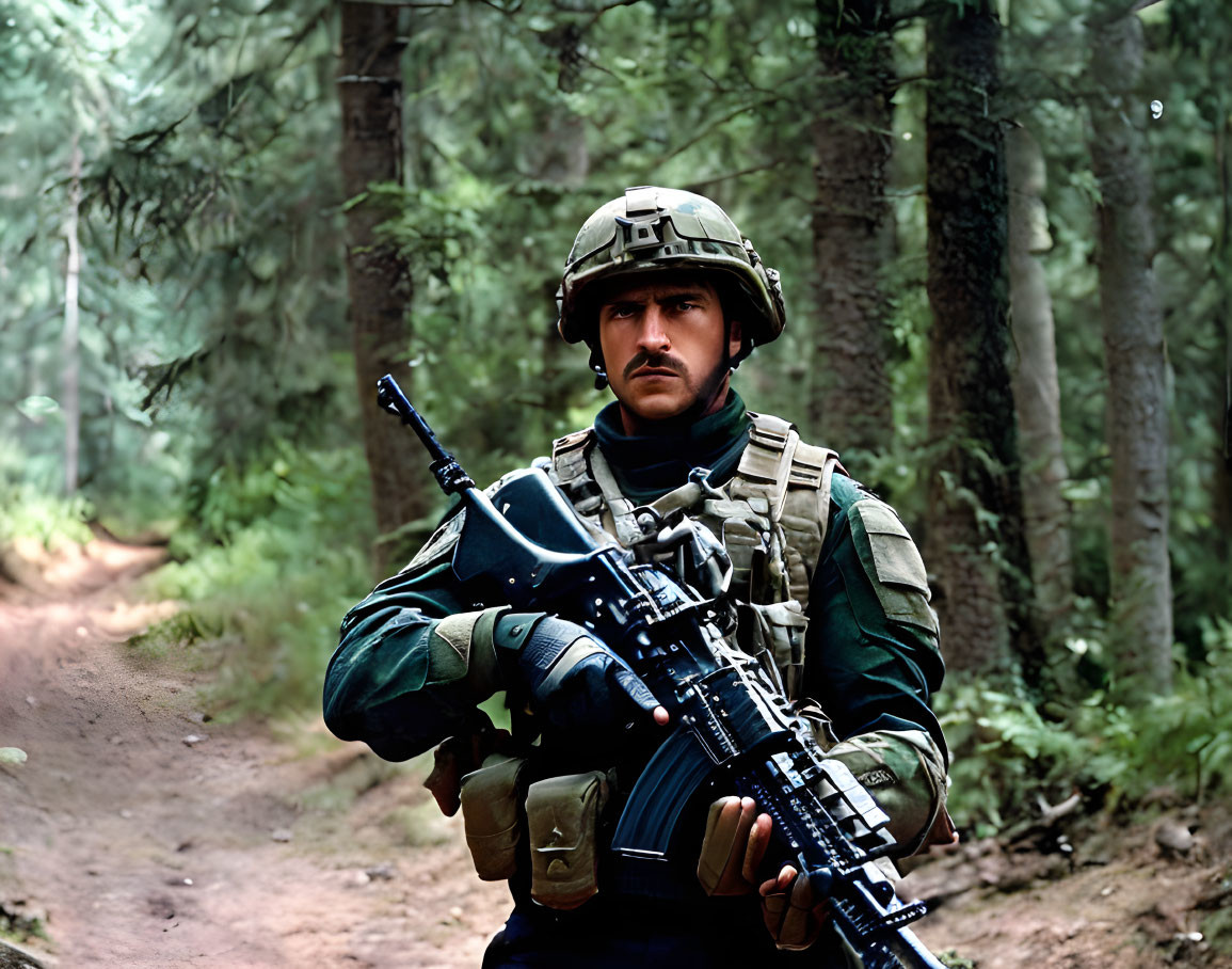 Soldier in combat gear with rifle in forest landscape