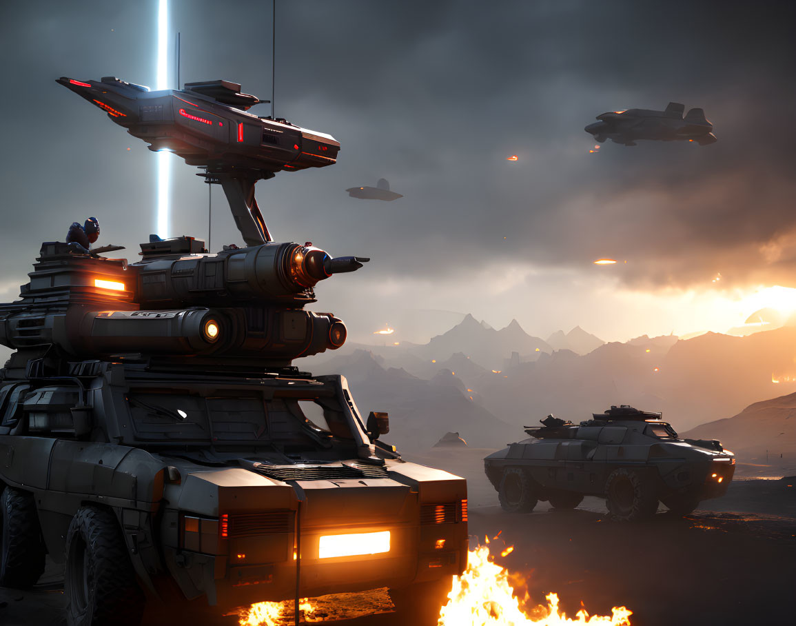 Armored vehicles and spaceships in futuristic battlefield scene