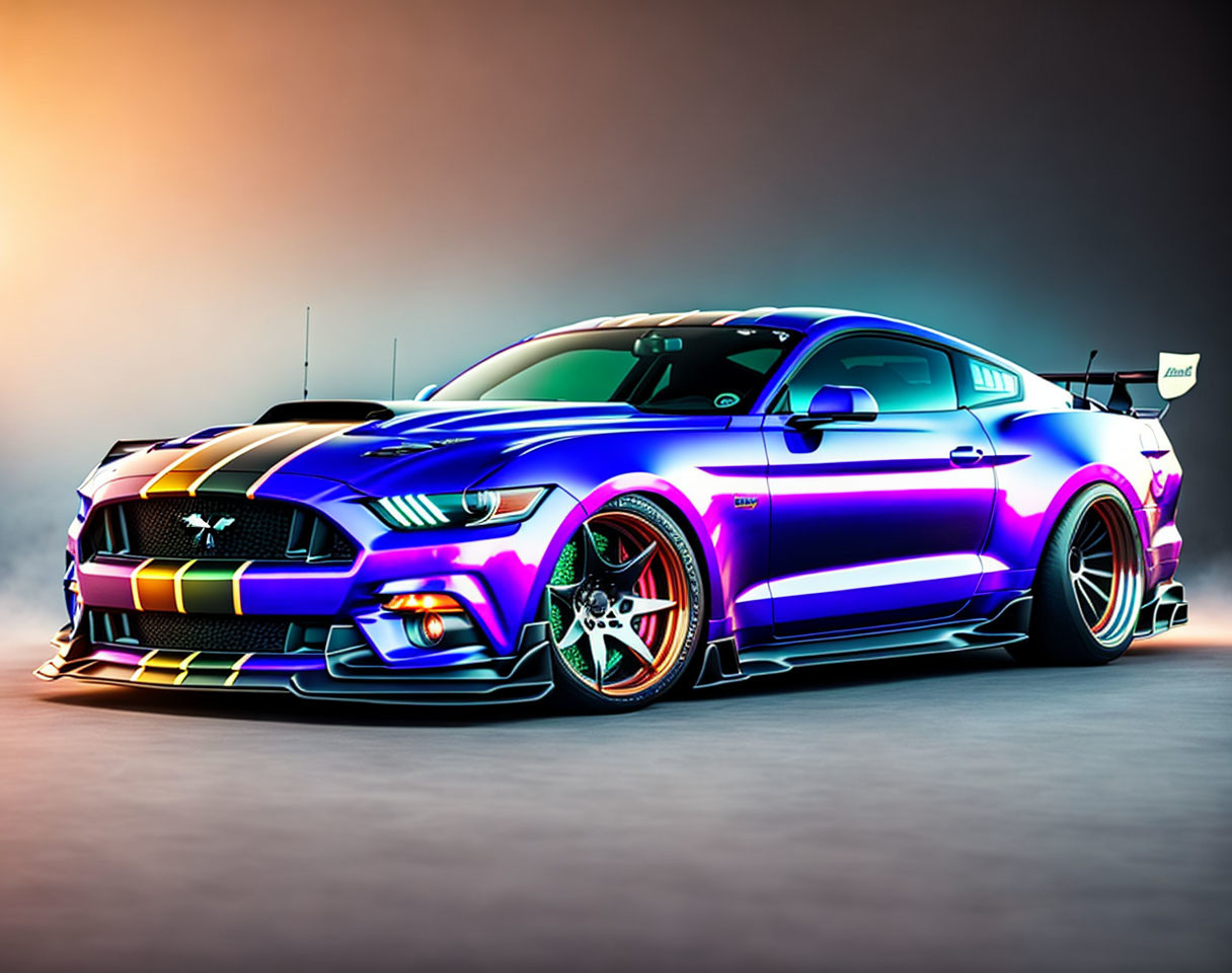 Custom Blue & Purple Mustang with Graphics & Aftermarket Wheels on Gradient Background