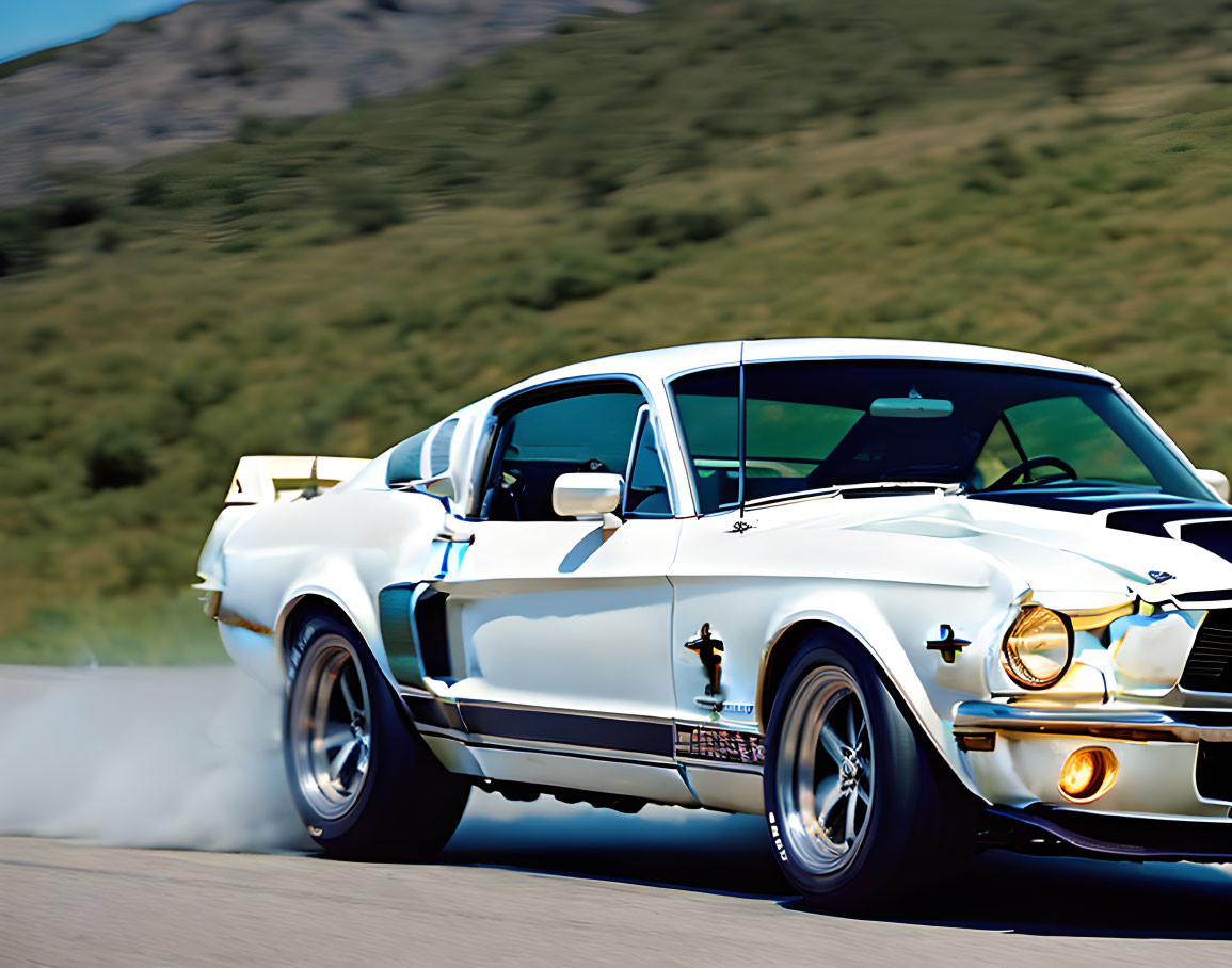 Vintage White Ford Mustang Speeding with Racing Stripes on Road