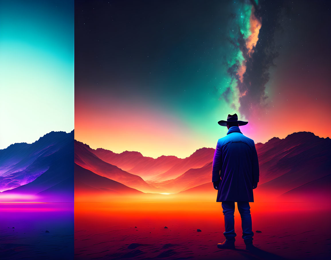 Person in coat and hat silhouette against colorful sunset with mountains and aurora