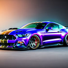 Custom Blue & Purple Mustang with Graphics & Aftermarket Wheels on Gradient Background