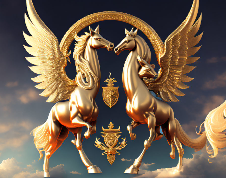 Golden winged horses with ornate crest on cloudy sky backdrop