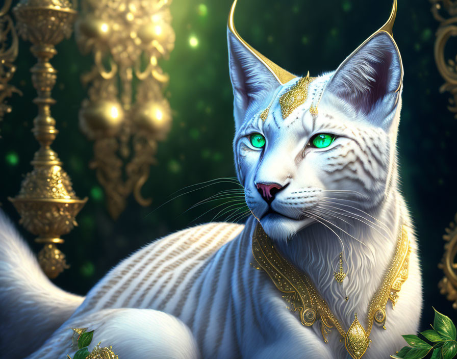 Majestic white cat with green eyes and gold jewelry in enchanting setting