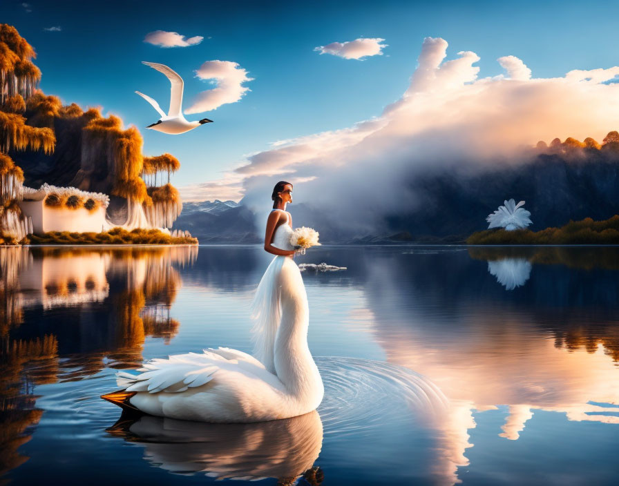 Bride on Swan's Back in Surreal Sunset Scene