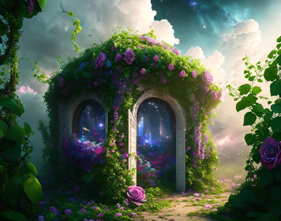 Enchanting cottage with ivy, flowers, round windows, and pink roses under dreamy sky