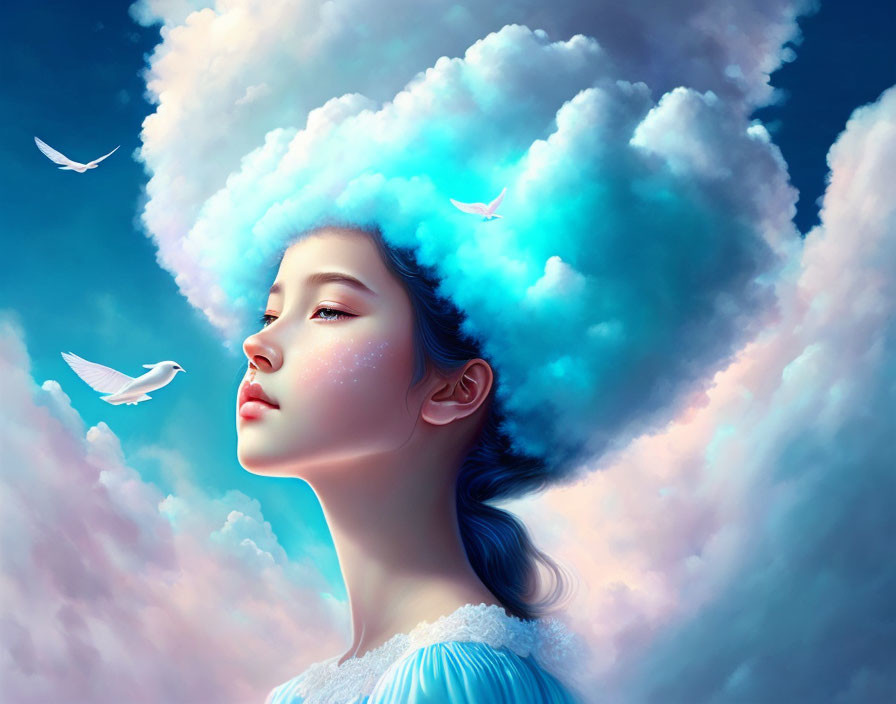 Tranquil girl with cloud hair and birds in serene sky