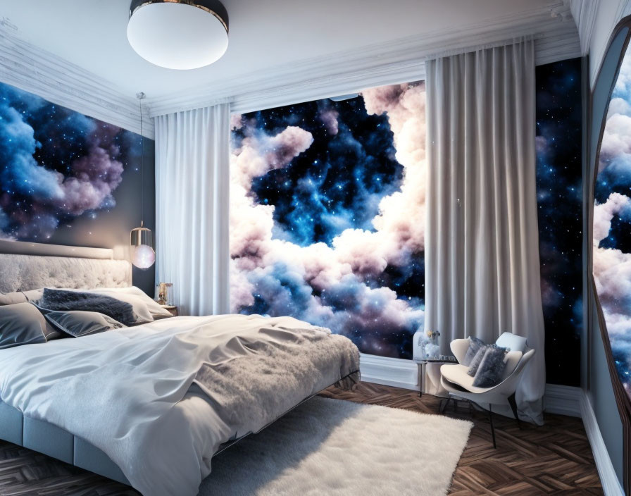 Spacious modern bedroom with cosmic-themed wall mural and elegant decor