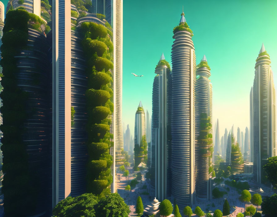 Futuristic cityscape with green skyscrapers and flying plane