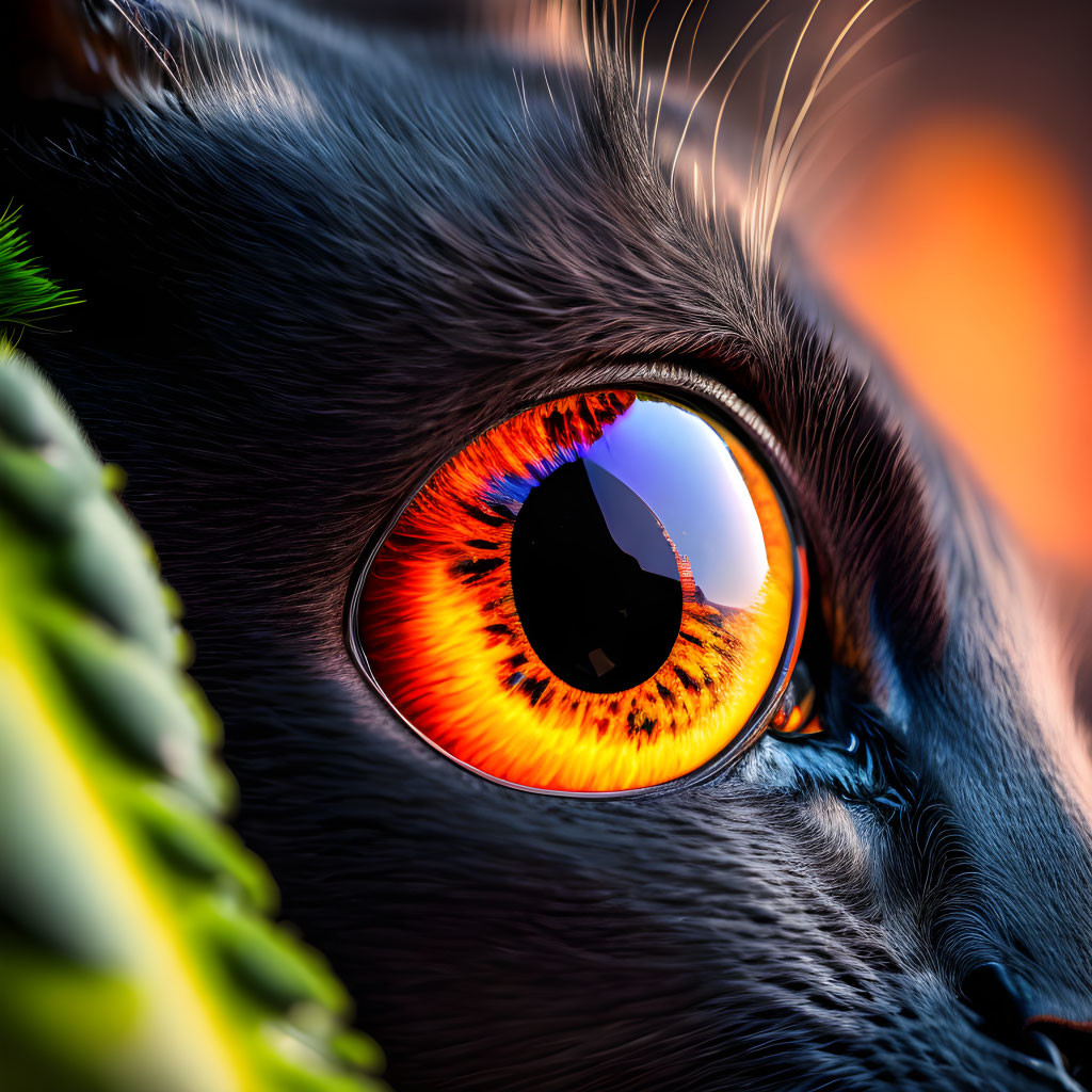 Vivid orange cat eye with dilated pupil and dark fur background.